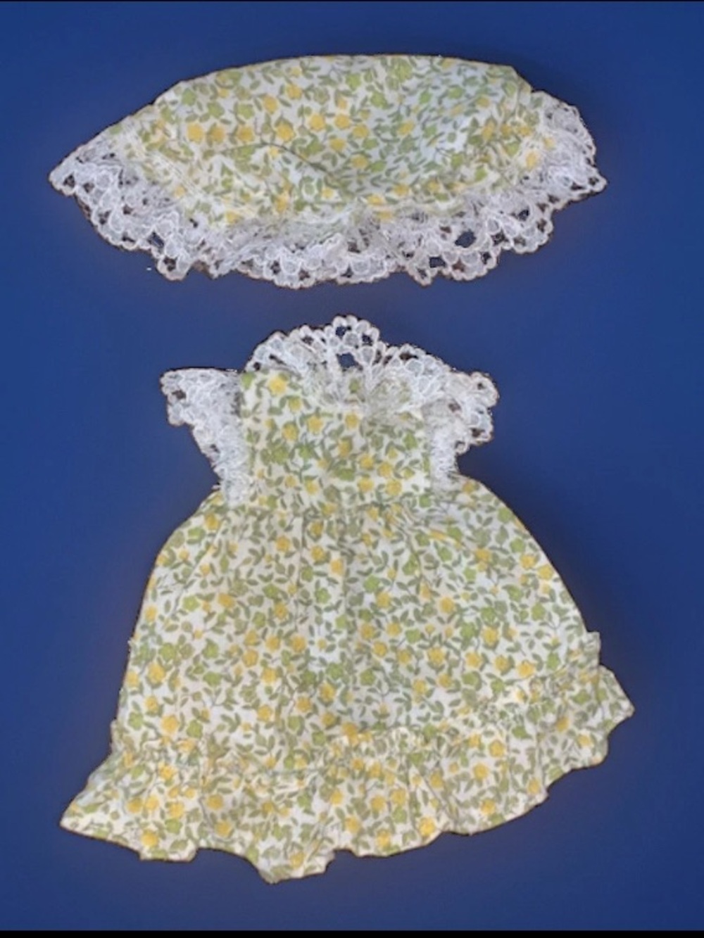 Vintage 1980’s Floral Doll Lace Trimmed Dress & Bonnet Set
